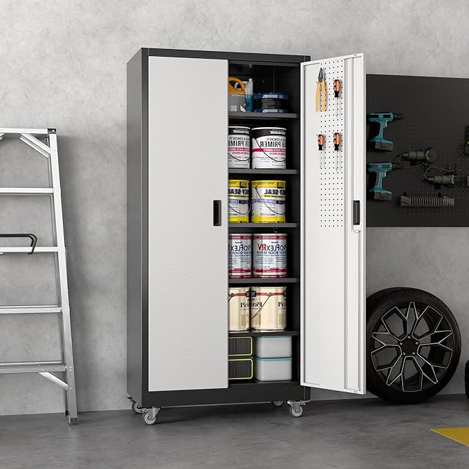 71" H x 34" W x 18" D Garage Storage Cabinet with Wheels and Pegboard, Lockable Metal Storage Cabinet with 5 Adjustable Shelves and 4 Hooks for Garage,Warehouse, Home, Black and Silvery