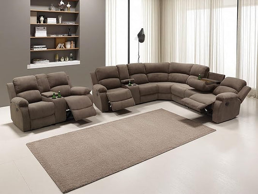 Reclining Sectional Sofa Set, Corduroy Recliner Sectional Loveseat with Drop-down Table, Brown Reclining Sectional Sofa Set and Loveseat with Cup Holder,Storage Console for Living Room, Office