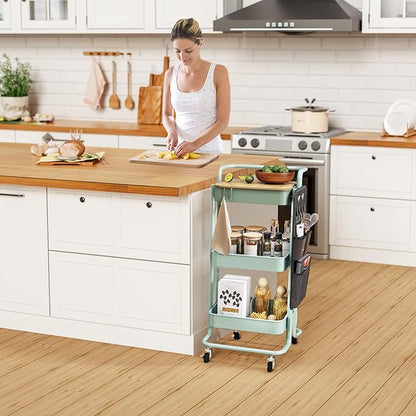 DTK 3 Tier Metal Utility Rolling Cart with Table Top and Side Bags, Metal Tray Storage Organizer Cart with Wheels, Art Craft Cart with 4 Hooks for Kitchen Bathroom Office Living Room (Green)