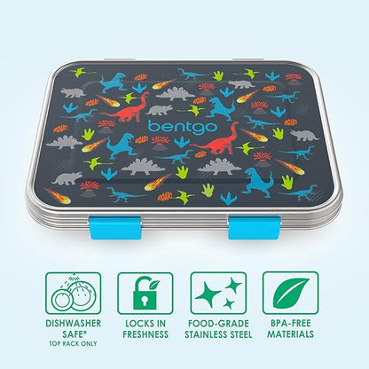 Bentgo Kids Stainless Steel Prints Leak-Resistant Lunch Box - 3-Compartments with Bonus Silicone Container, Durable, Eco-Friendly, Dishwasher Safe, BPA-Free, Ideal for School, Ages 3+ (Dinosaur)