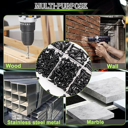 mxuteuk 300PCS #8#10 Self Tapping Screws,410 Stainless Steel Self Drilling Screws,Black Zinc Hex Washer Head Sheet Metal Screws Suitable for Wood, Metal or Tough Materials(150pcs Screw+150pcs Washer)