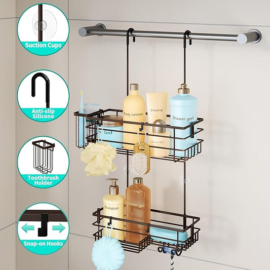 HapiRm Hanging Shower Caddy Organizer - No Drilling Shower Shelves with Hooks and Toothbrush Holder, Rustproof 304 Stainless Steel Bathroom Organizer - Bronze