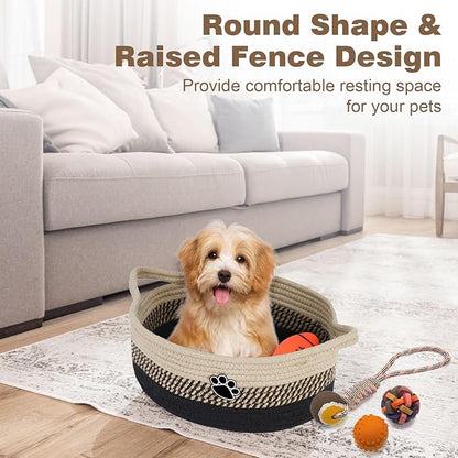 Dog Toy Basket, Toy Box and Bin for Dog Cat Storage, 13.5" X 11" X 5" Small Woven Rope Basket for Baby Storage, Closet, Living Room, Brown & Black