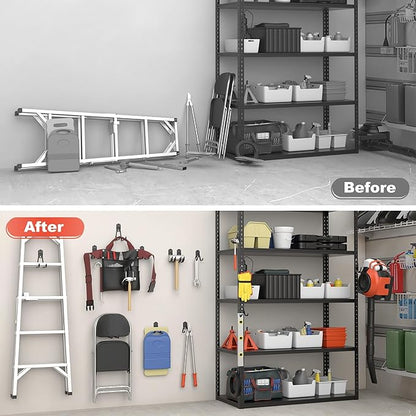 TORACK 15 PCS Garage Storage System Hooks, Shelving Hooks for Keyhole Shelving Units Wall Mount Utility Hooks for Tools, Ladders, Cords, Folding Chairs, Shovels and Rakes(Black)