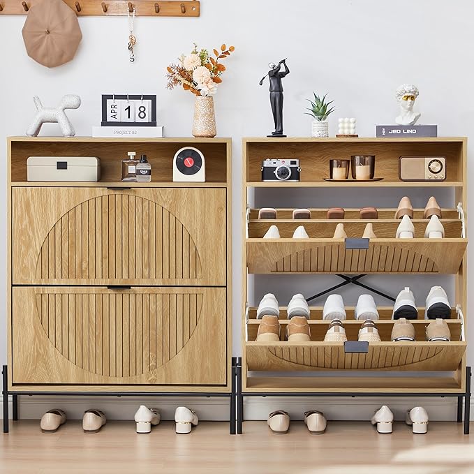 Fluted Shoe Cabinet with 2 Flip Drawers, Narrow Shoes Storage Organizer Rack with Circle Design Panel for Entryway Hallway (Natural)