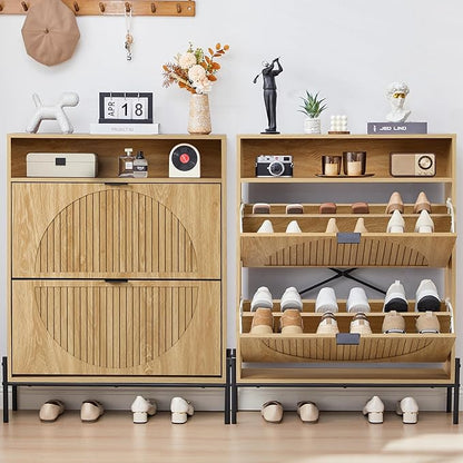 Fluted Shoe Cabinet with 2 Flip Drawers, Narrow Shoes Storage Organizer Rack with Circle Design Panel for Entryway Hallway (Natural)