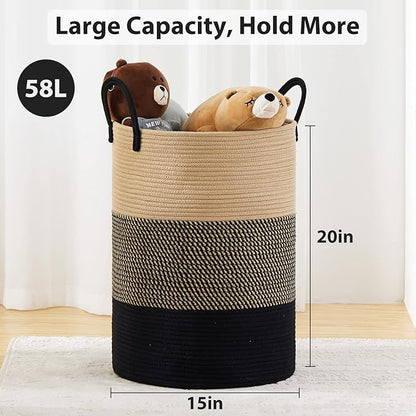 58L Large Woven Laundry Hamper by Fiona's magic, Tall Cotton Rope Laundry Basket, Boho Storage Basket for Blankets, Toys and Clothes Hamper for Bedroom and Living Room Organizing, Brown & Black