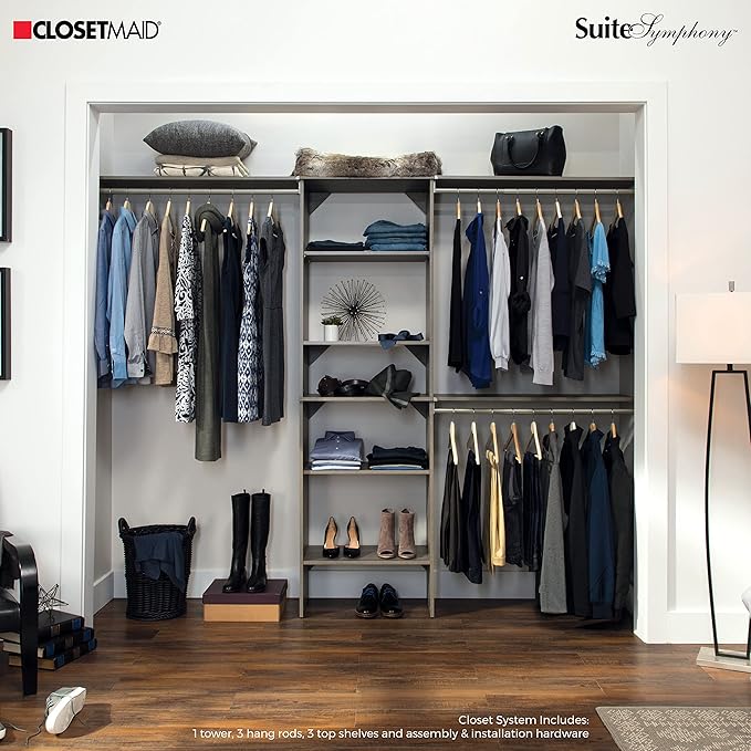 ClosetMaid SuiteSymphony Wood Closet Organizer Kit with Tower, 3 Hang Rods, Top Shelves, Adjustable, Fits Spaces 6 - 10 ft. Wide, Graphite Grey