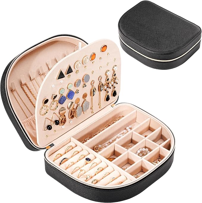 ProCase Travel Size Jewelry Box, Large Portable Seashell-Shaped Jewelry Case, 2 Layer Jewelry Organizer in PU Leather for Women -Black