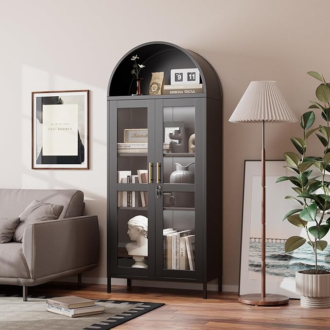 Metal Arched Bookcase Cabinet with 3 LED Strips,Lockable Arched Display Cabinet with Glass Doors for Living Room, Home,Office, Assembly Required (Black)