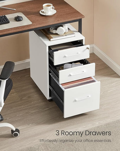 SONGMICS File Cabinet, Pre-Assembled Except Wheels and Handles, Office Filing Cabinet with Lock, for A4, Legal, Letter Sized Documents, 17.7 x 14.4 x 23.6 Inches, Matte White UOFC110W02