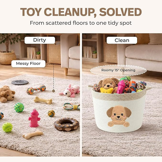 Golden Retriever/Labrador Dog Toy Basket, 15x11 Inch Woven Cotton Rope Storage Bin with Puppy Patch, Large Pet Organizer for Toys, Blankets, Leashes, Living Room Decor (Beige/White)