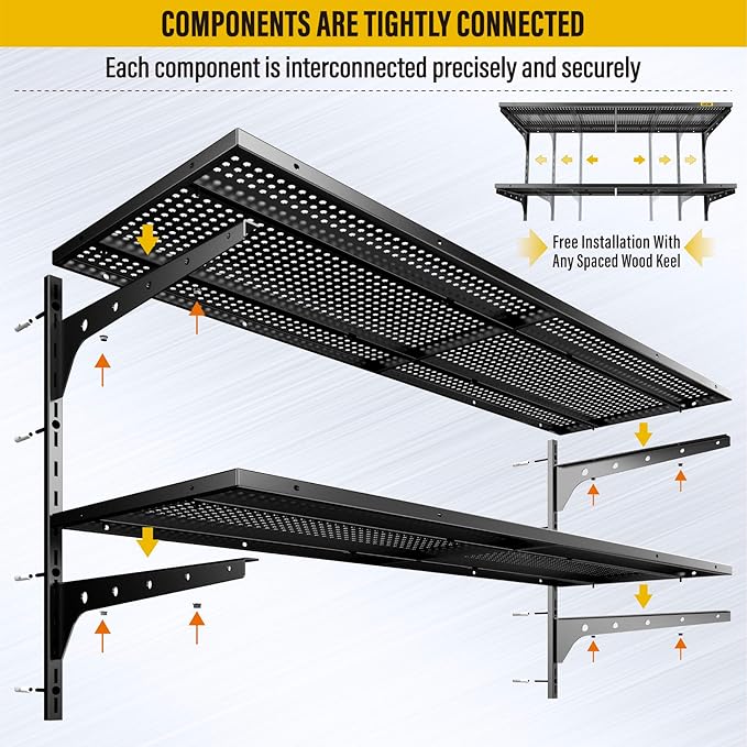 2-Pack 2 Tier 1.3x4ft Garage Shelving Wall Mounted, 15.6x48inch per Shelf Height Cassette Adjustable Floating Shelves(Black)