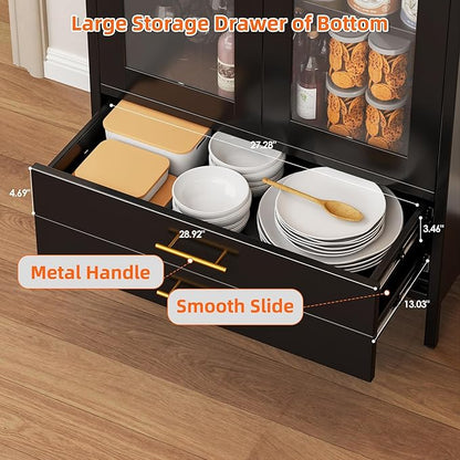 73'' Black Tall Arched Bookcase Cabinet with Glass Doors, Metal Arched Pantry Cabinet with 2 Drawers for Home Kitchen Office,Required Assembly