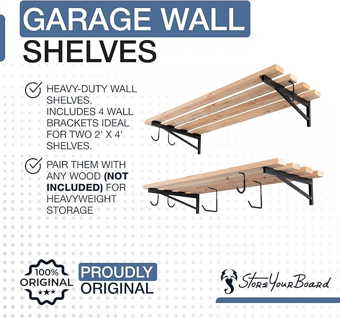 StoreYourBoard 24 Inch Heavy Duty Shelf Brackets, Set of 4 for 2' x 4' DIY Garage Wall Shelves, Holds 600 lbs, Solid Steel, Includes 6 Hooks for Hanging Storage, 23.75" x 1" x 9.5"