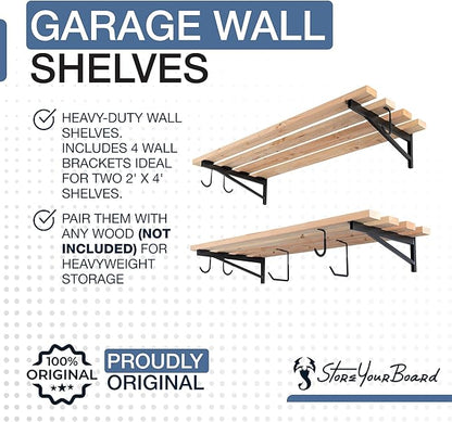 StoreYourBoard 24 Inch Heavy Duty Shelf Brackets, Set of 4 for 2' x 4' DIY Garage Wall Shelves, Holds 600 lbs, Solid Steel, Includes 6 Hooks for Hanging Storage, 23.75" x 1" x 9.5"