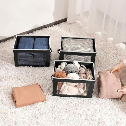 Stackable Storage Bins with Lids - Medium Storage Box with Lids, Foldable Closet Boxes for Organizing, Wardrobe Clothes Organizer with Window, Cubes Bins for Living Room, 5 Pack, Black