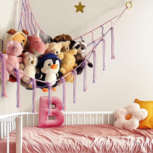 Large Stuffed Animal Hammock Corner Net for Toys Storage Hanging Stuff Animal Organizer Holder Pink Purle Girls Room Bedroom Boho Nursery Decor