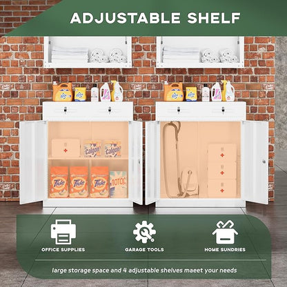 Greenvelly Metal Storage Cabinet, 36" H Metal Locking Storage Cabinet with 2 Drawers and Adjustable Shelf, Lockable Garage Storage Cabinets for Office, Garage, Home (White)