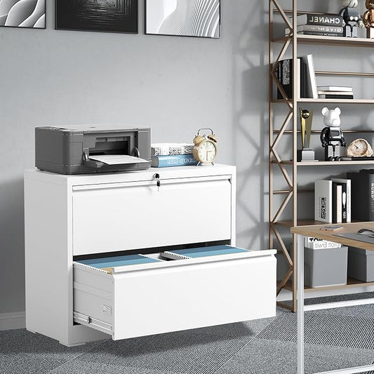 File Cabinets 2 Drawer,Metal Office Storage Filing Cabinet with Lock,White Lateral Filing Cabinet for Home Office,Horizontal Two Drawer File Cabinet for Legal/Letter/A4,Assembly Require,White
