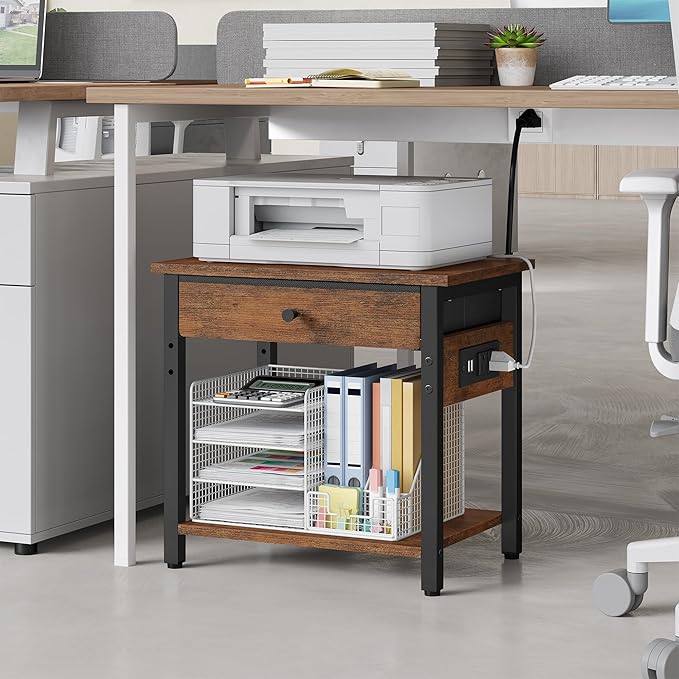 Printer Stand with Charging Station, 2-Tier Under Desk Printer Table, Side Table with Storage Shelves for Home Office, Living Room, Bedroom, Bathroom, Brown