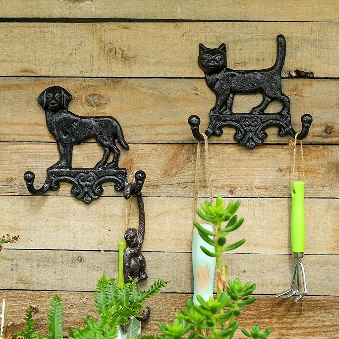 Sungmor Cast Iron Vintage Cat Wall Hooks, Decorative Wall Mounted Coat Hooks, Rustic Heavy Duty Double Hooks Cute Animal Key Hangers for Dog Leashes, Towels, Hats