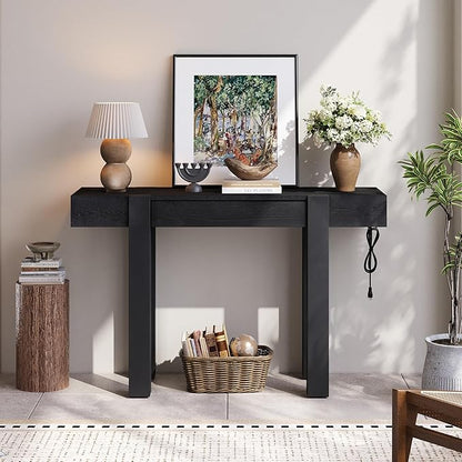 RUNNA Rustic Minimalist Console Table with Hidden Drawer, Side Power Outlet,Wood Entryway Table for Entryways, Living Rooms and Home Offices (Black#18)