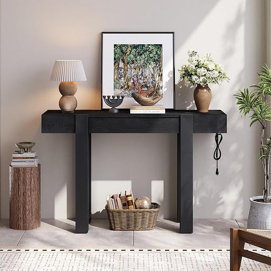 Rustic Minimalist Console Table with Hidden Drawer, Side Power Outlet,Hallway Table for Entryways Living Rooms Home Offices (Black#USB)