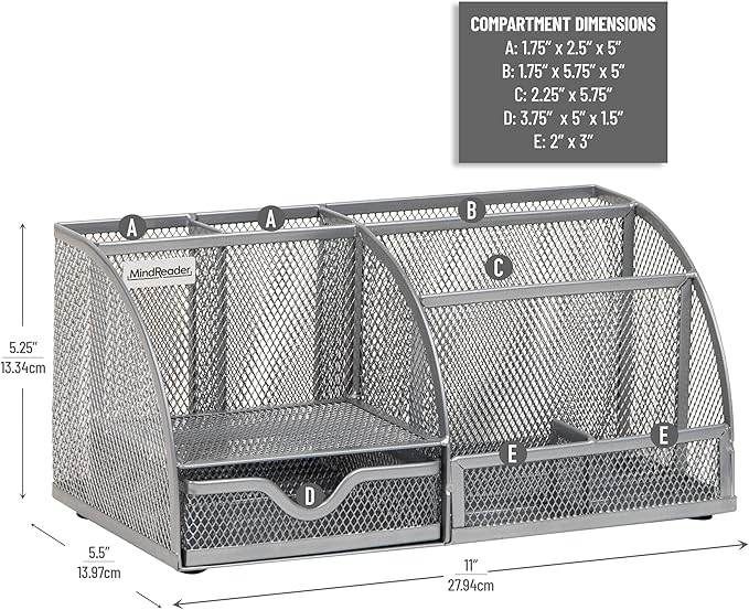 Mind Reader 7-Compartment Desktop Organizer, File & Accessory Storage, Metal Mesh Office Organizer for Desk, Workspace, Mail, Silver