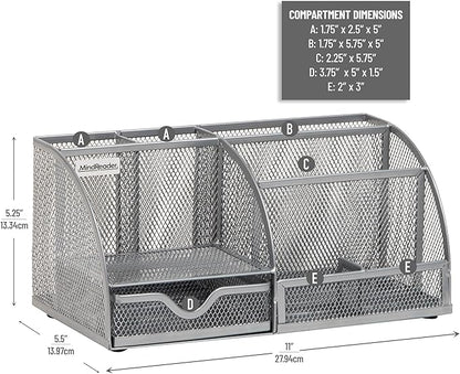 Mind Reader 7-Compartment Desktop Organizer, File & Accessory Storage, Metal Mesh Office Organizer for Desk, Workspace, Mail, Silver