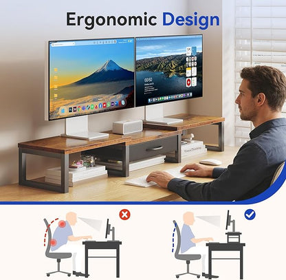 Desk Organizers and Accessories, Dual Monitor Stand Riser with Drawer, Computer Monitor Stand, Adjustable Desk Shelf for PC Laptop Printer TV, Brown