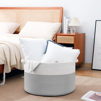 XXXL Large Cotton Rope Storage Bin, 22" X 14" Basket for Blankets Living Room, Woven Baby Kids Toy Storage Bin Box, Giant Throw Pillow Organizer Holder, Large Wicker Basket for Shoes, Gray