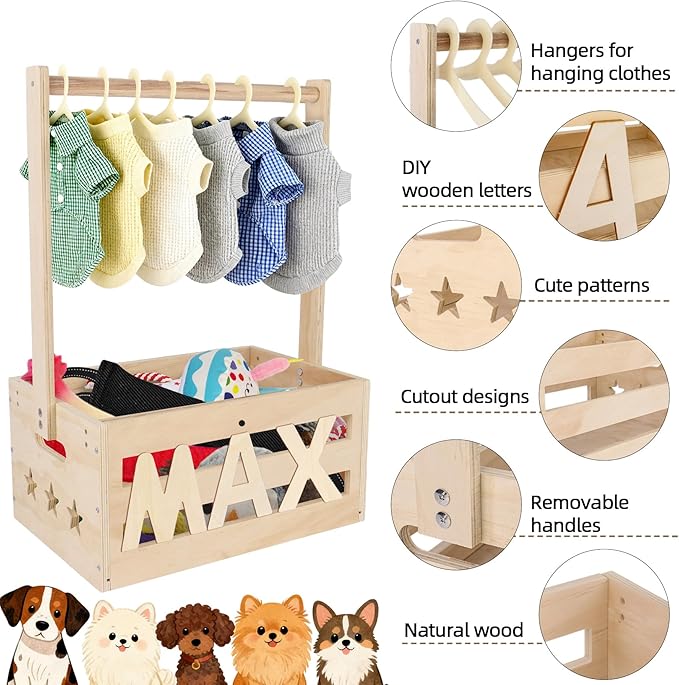 13.5"x9.5"x20.1" Wooden Pet Wardrobe Closet with Hangers, Personalized Alphabet Letters & Sticker, Easy Assembly Crate for Dog/Cat Closet, Dog Closet Organizer for Toys Clothes and Accessories