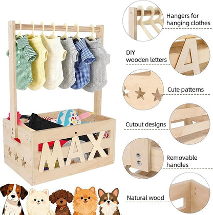 13.5"x9.5"x20.1" Wooden Pet Wardrobe Closet with Hangers, Personalized Alphabet Letters & Sticker, Easy Assembly Crate for Dog/Cat Closet, Dog Closet Organizer for Toys Clothes and Accessories