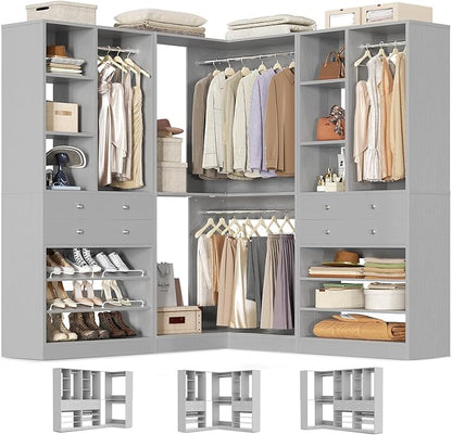 Closet System with 4 Drawers and Hanging Rods, 59.5"L / 87"L Closet Organizer System with Corner Tower, L Shaped Walk-in Closet System, Corner Closet System with Shelves, Set of 3, Morandi Grey
