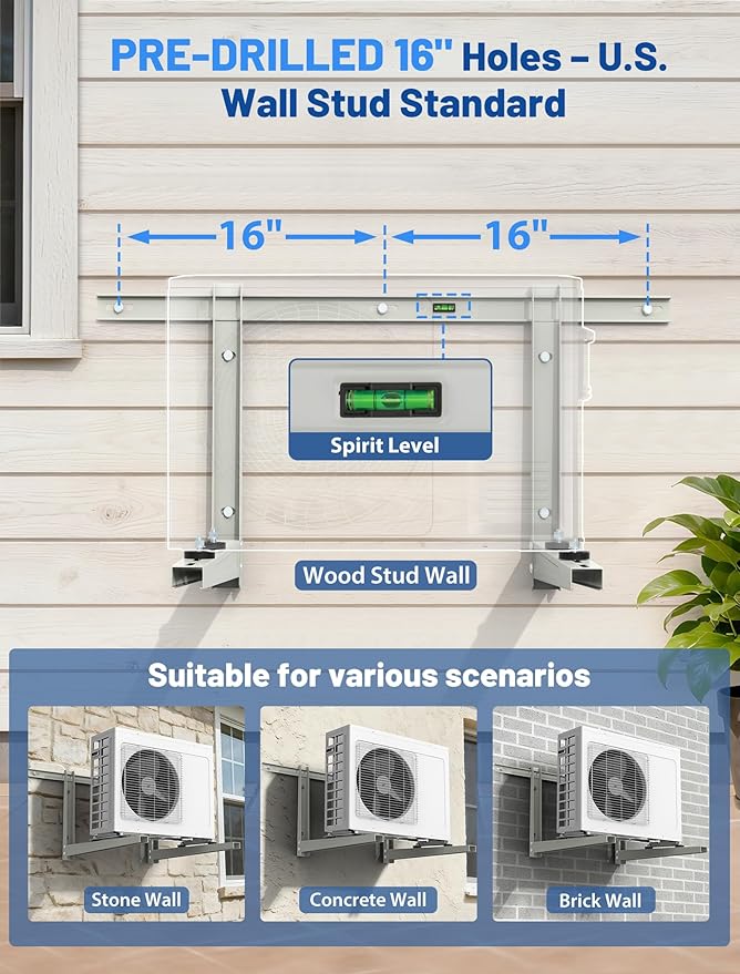 Mini Split Wall Mounting Bracket, Mini Split Brackets for Outside for 6000-36000 BTU Minisplit/Air Conditioner/Heat Pump (Max 550 LBS), Pre-Drilled 16" Holes to Match U.S. Wall Stud Standard