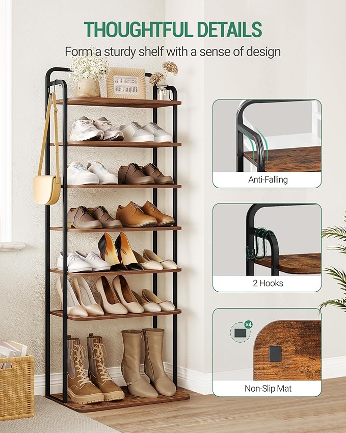 8 Tiers Widened Vertical Shoe Rack, Narrow Shoe Tower, Tall Shoes Shelf with 2 Hooks, Adjustable Shelves, Corner Shoes Shelves for Small Spaces, Entryway, Living Room, Rustic Brown SR12501B