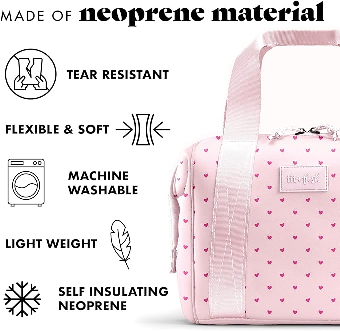Fit & Fresh Neoprene Lunch Bag For Women, Insulated Womens Lunch Bag For Work, Tear & Stain Resistant Large Lunch Box For Women With Containers and Ice, Machine Washable Remi Bag, Tiny Hearts