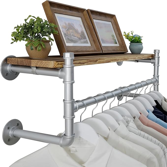 WEBI Wall Mounted Clothes Rack with Shelf,32" Industrial Pipe Clothing Rack with Shelf with Hanging Rod,Heavy Duty Iron Garment Rack Bar,Retail Display Clothes Rod for Laundry Room,Closet,Silver