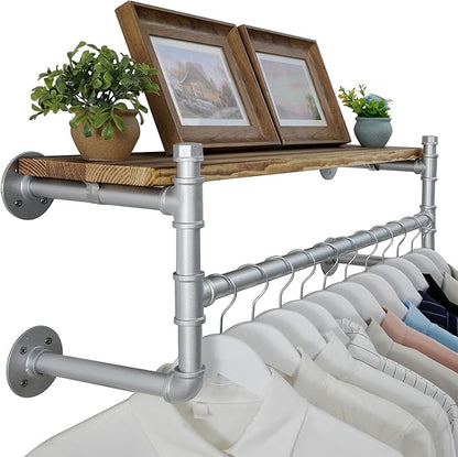 WEBI Wall Mounted Clothes Rack with Shelf,32" Industrial Pipe Clothing Rack with Shelf with Hanging Rod,Heavy Duty Iron Garment Rack Bar,Retail Display Clothes Rod for Laundry Room,Closet,Silver