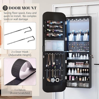 Vlsrka 6 LEDs Mirror Jewelry Cabinet Door Hanging, 47.2" Wall Mounted Jewelry Cabinet, Lockable Full Length Mirror with Storage, Rounded Corner Mirror Jewelry Organizer, 2 Drawers, Black