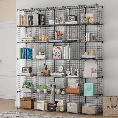 KOUSI DIY Wire Cube Storage, Modular Metal Shelf, Cubby Shelving, Stackable Grid Organizer, 30 Cube, Black