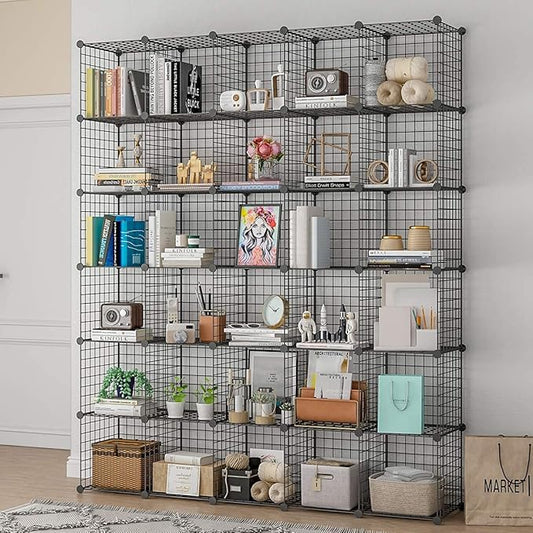 KOUSI DIY Wire Cube Storage, Modular Metal Shelf, Cubby Shelving, Stackable Grid Organizer, 30 Cube, Black