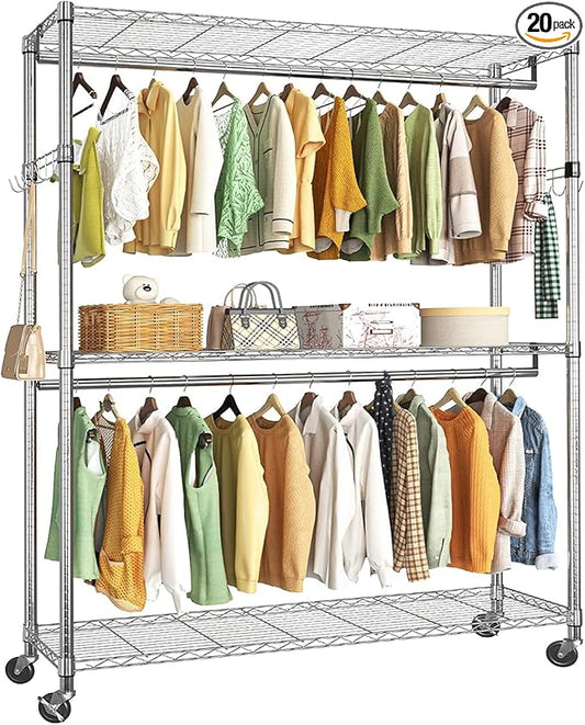 Simple Trending Clothing Garment Rack with 3 Tiers Storage Shelves, Heavy Duty Rolling Clothes Organizer Double Rods with Wheels for Hanging Clothes, Chrome