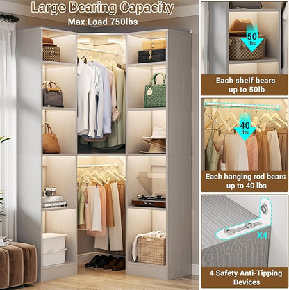 Corner Closet System with 12 Shelves, 39.2" Corner Closet Organizer System with 2 Hanging Rods, Versatile 6-Tier Walk-in Closets for Corner Space, Grey (39.2" L x 39.2" W x 80" H)