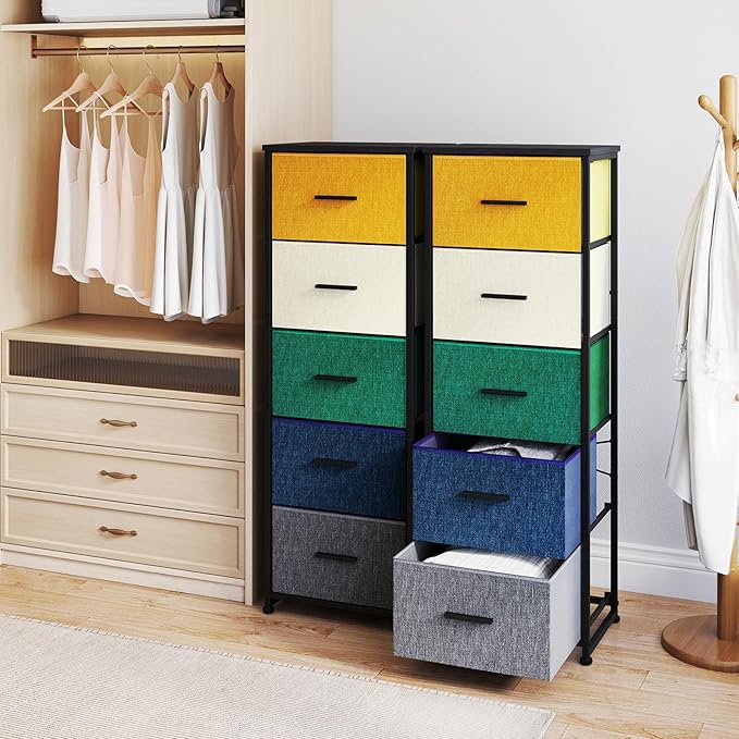 Dresser with 5-Drawer, Tall Fabric Storage Tower for Closet, Colorful Organizer Unit for Bedroom, Categorized Storage by Colors, Easy Pull Fabric Bins (Colourful)