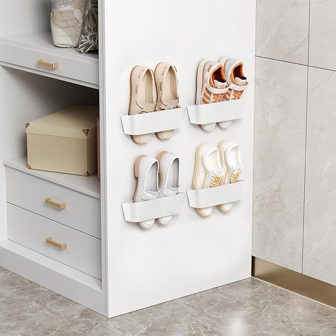 4PCS Wall Mounted Shoe Rack with Sticky Strips, Space Saving Hanging Shoe Rack, No-Drill Hanging Shoe Shelves, Ideal for RV, Door, Wall, Closet