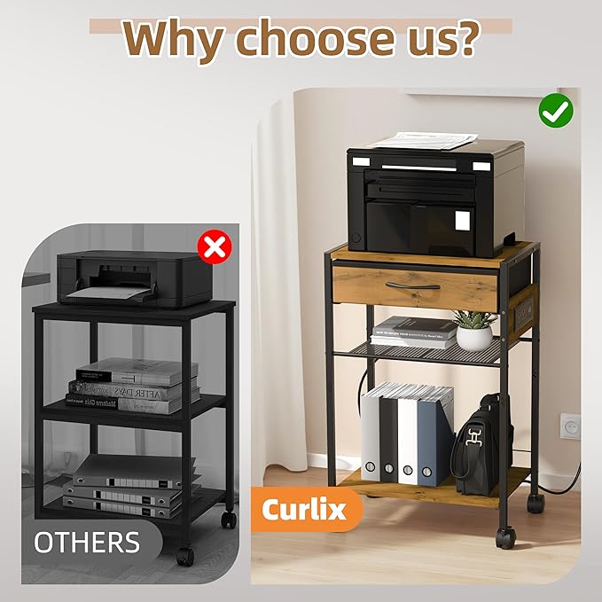 3-Tier Printer Stand with Charging Station, Wood & Metal Printer Table with Storage Drawer for Home Office, Rolling Printer Cart with AC, USB, C-Type Port and Wheels