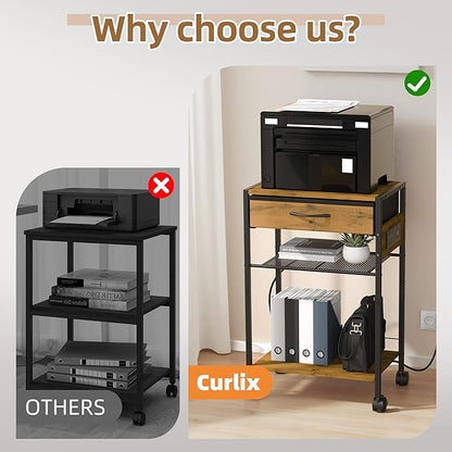 3-Tier Printer Stand with Charging Station, Wood & Metal Printer Table with Storage Drawer for Home Office, Rolling Printer Cart with AC, USB, C-Type Port and Wheels
