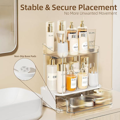 Delamu 3-Tier Bathroom Counter Organizer with Drawer, Multi-Purpose Makeup Organizer Countertop for Vanity, Large Cosmetic Display Case Perfume Tray Skincare Organizers, Amber
